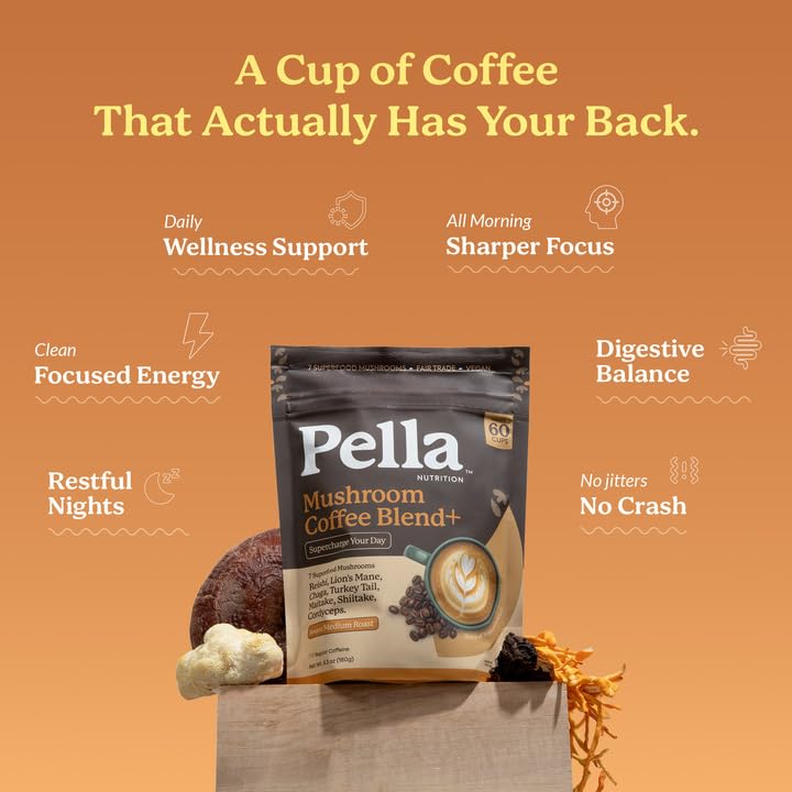Pella Nutrition Instant Mushroom Coffee Powder - Regular Caffeine, 60 Cups