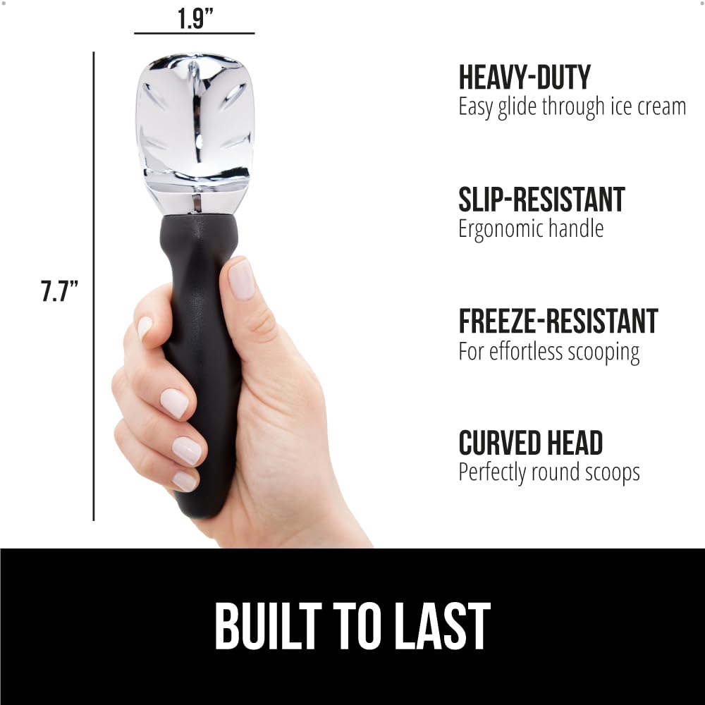 GORILLA GRIP BPA-Free Heavy Duty Ice Cream Scoop, Comfortable Ergonomic Handle, Professional Grade Scooper for Perfect Round Scoops, Spoon Frozen Hard Gelato, Sorbet, Cookie Dough, Kitchen Tool, Black