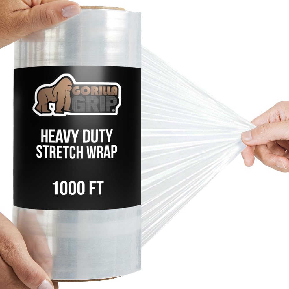 GORILLA GRIP 500% Stretch Film Heavy Duty Plastic, 1000ft Shrink Wrap Roll 17" Puncture Resistant, Industrial Strength for Shipping, Pallet Storing, Moving, Packing Furniture Protection 1 Pack Clear