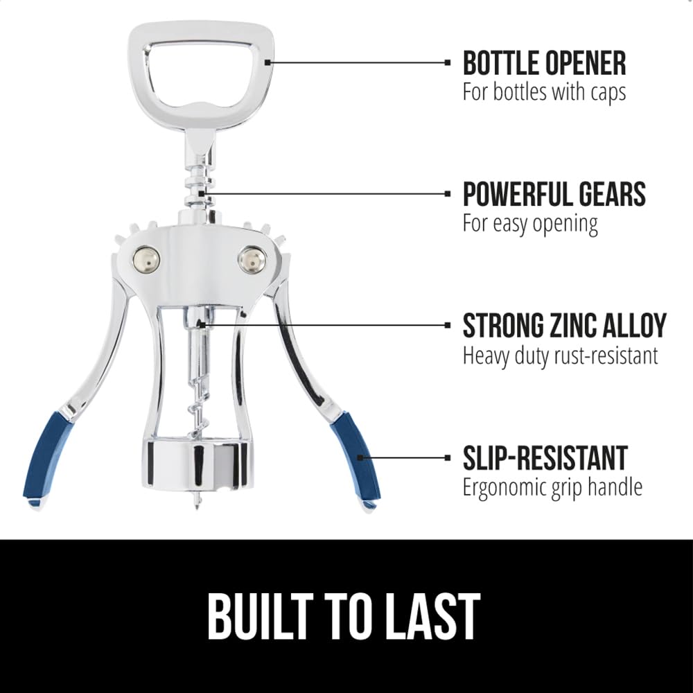 GORILLA GRIP BPA-Free Premium Wine Opener, Easy to Use Smooth Zinc Alloy Wing Corkscrew, Multifunctional Bottle Openers Remove Corks, Caps, Sharp Cork Screw, Dishwasher Safe, Bar Essentials, Black