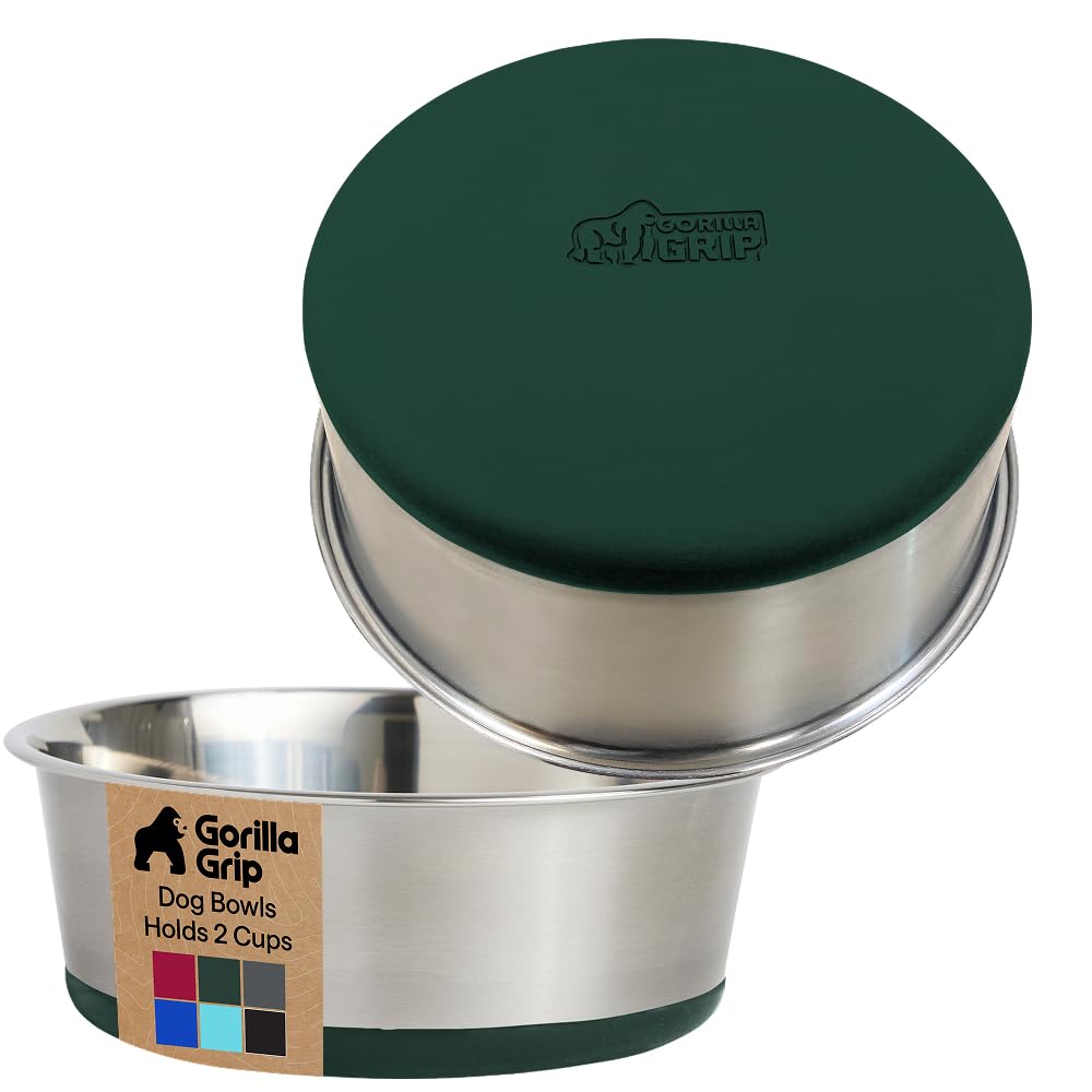GORILLA GRIP Dog Bowls, Heavy Duty 304 Stainless Steel, Holds 2 Cups Each (16 fl oz) Food and Water Bowl for Feeding Dogs and Cats, Dishwasher Safe, Rust Resistant, BPA Free Rubber Base Set of 2 Black