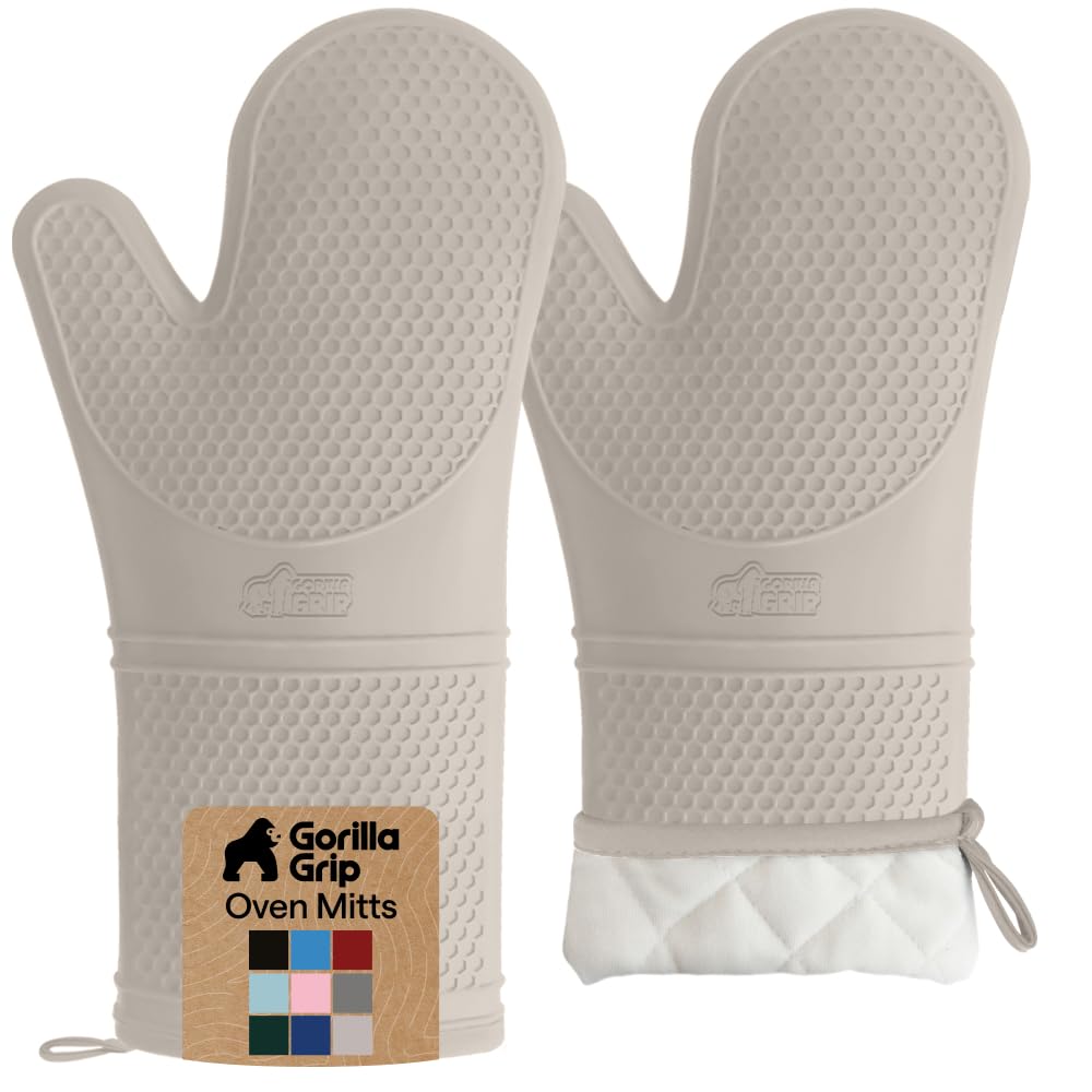 GORILLA GRIP BPA-Free Soft Silicone Oven Mitts, Heat Resistant and Waterproof Cooking Safety Gloves, Thick Cotton Lining, Flexible Gripping, Kitchen Potholders Set, for Grilling, BBQ, 12.5x8.3, Black