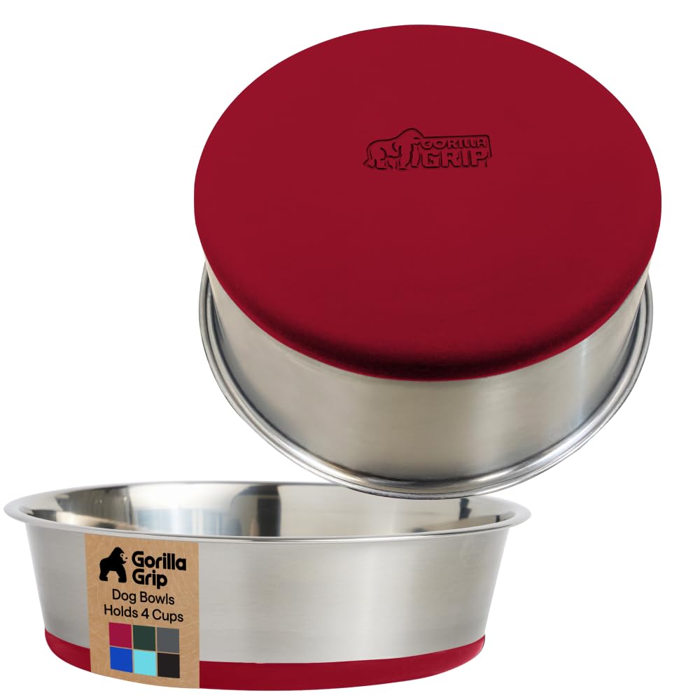 GORILLA GRIP Dog Bowls, Heavy Duty 304 Stainless Steel, Holds 2 Cups Each (16 fl oz) Food and Water Bowl for Feeding Dogs and Cats, Dishwasher Safe, Rust Resistant, BPA Free Rubber Base Set of 2 Black