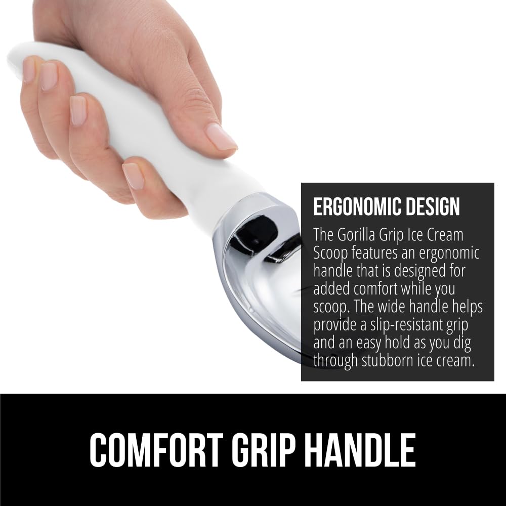 GORILLA GRIP BPA-Free Heavy Duty Ice Cream Scoop, Comfortable Ergonomic Handle, Professional Grade Scooper for Perfect Round Scoops, Spoon Frozen Hard Gelato, Sorbet, Cookie Dough, Kitchen Tool, Black