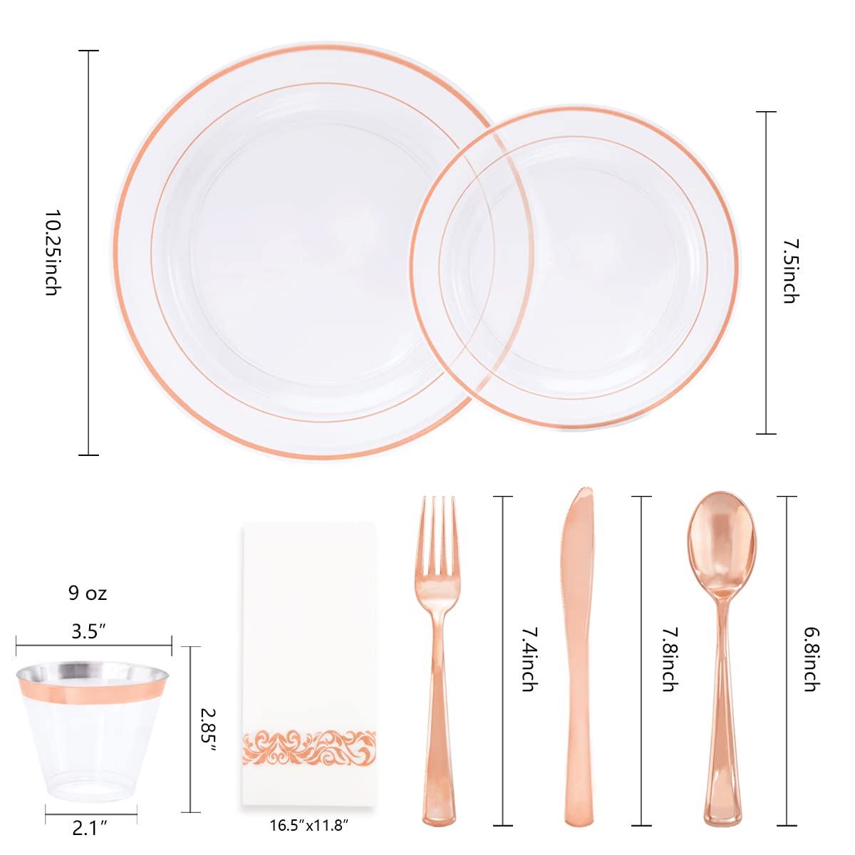 DaYammi 350PCS Gold Plastic Dinnerware Set for 50 Guests, Fancy Disposable Plates for Party, Include: 50 Dinner Plates, 50 Dessert Plates, 50 Pre Rolled Napkins with Gold Silverware, 50 Cups