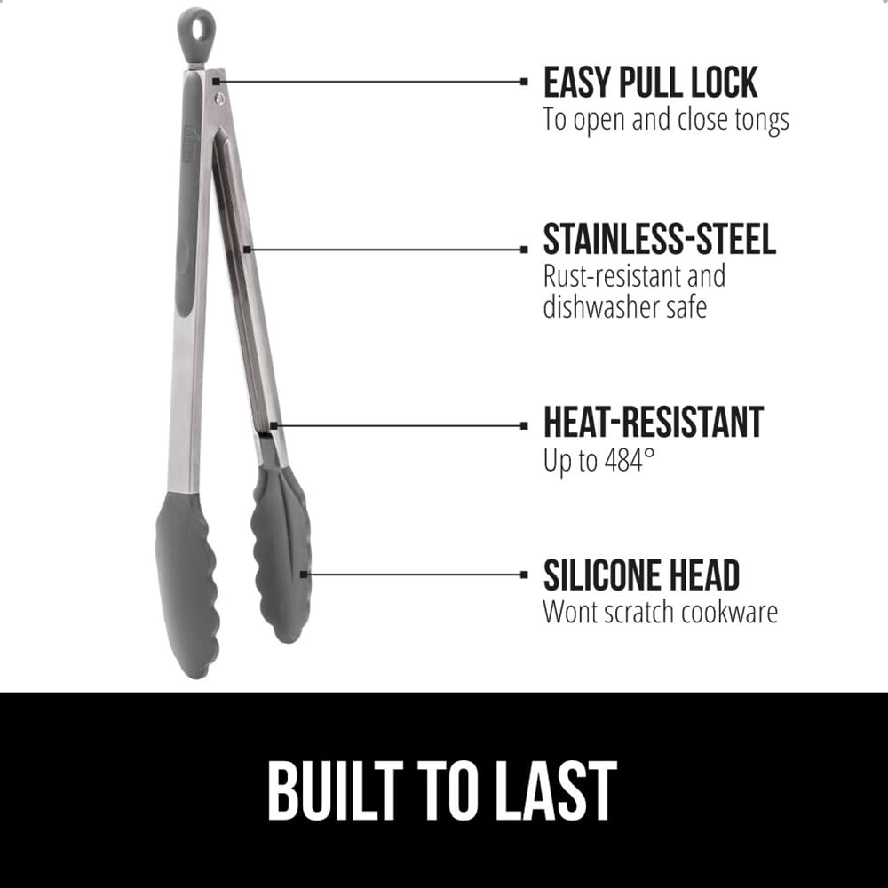 GORILLA GRIP Stainless Steel Heat Resistant Kitchen Tongs for Cooking, Set of 2 BBQ Tong, Non Scratch Silicone Tip for Pans, Strong Grip, Grab Food, Toss Salad, Air Fryer, Pull Lock, 7 + 9 Inch, Black