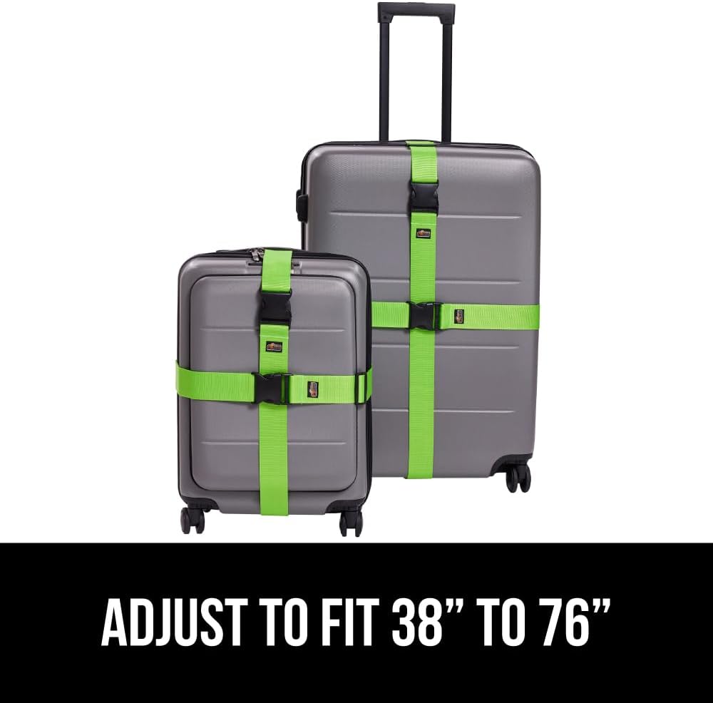 GORILLA GRIP Heavy Duty Adjustable Luggage Straps for Suitcases, Easy to Identify Travel Belt Connector Holds Suitcase Together, Extends Life of Bag, Strap Connects Two Bags, Accessories 2 Pack Green