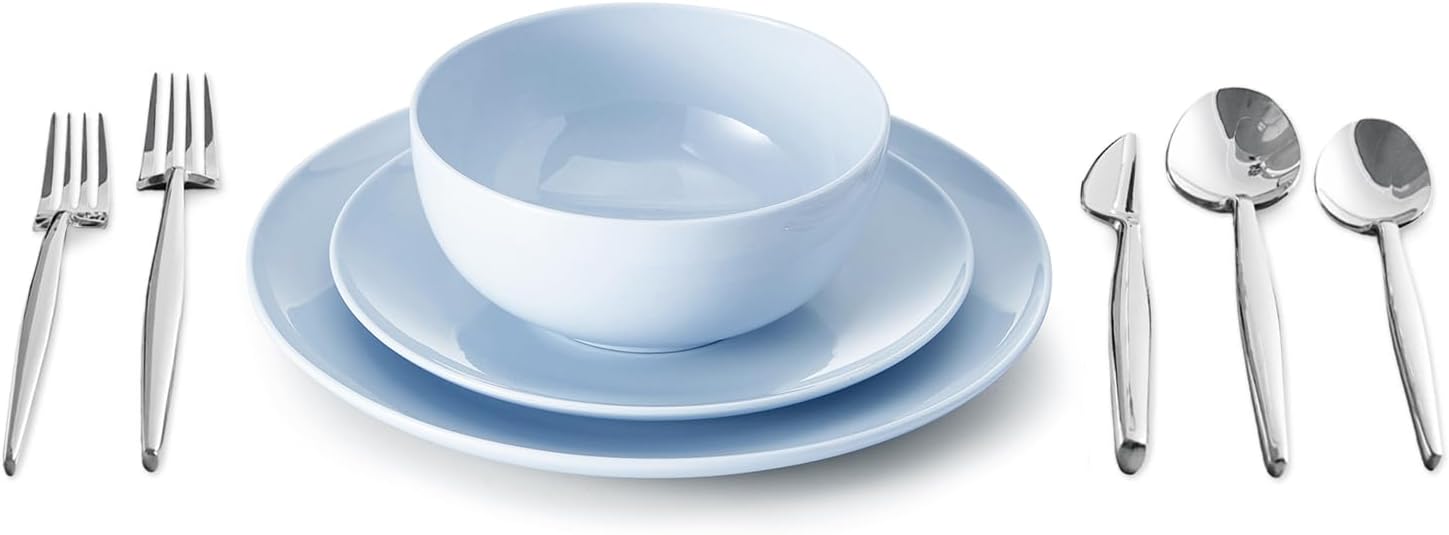 KINGSTONE Silverware Set and Blue Bone China Dinnerware Sets, 12-Piece Dinnerware Set for 4