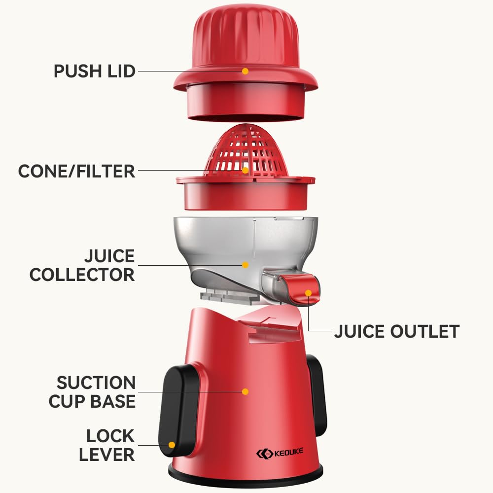 KEOUKE Manual Citrus Juicer Tower Red - Detachable with Juice Storage, Non-Slip Suction Base, Easy to Clean, Includes Cleaning Brush - for Oranges, Lemons, Limes, Grapefruits