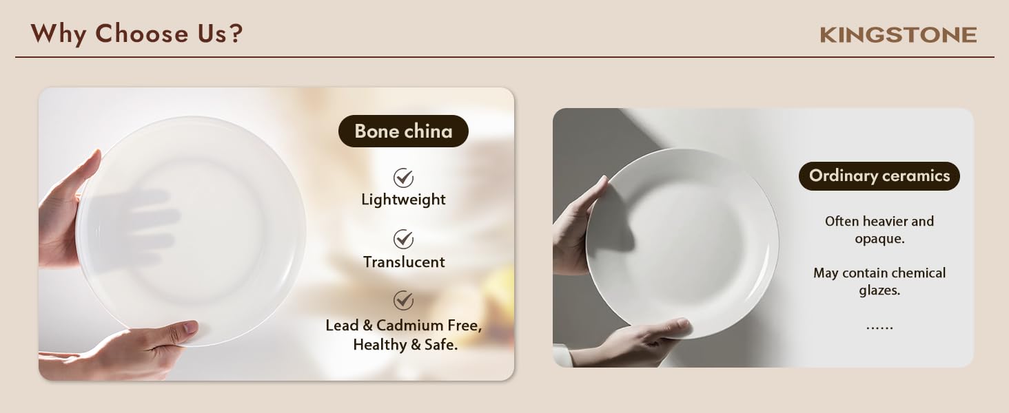 KINGSTONE 12-Piece Bone China Dinnerware Set for 4, Lightweight and Durable, Microwave and Dishwasher Safe, White Plates and Bowls for Everyday Use