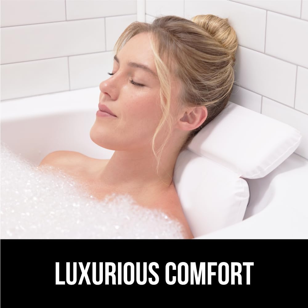 GORILLA GRIP Bath Pillow for Tub, Strong Suction Cups, Luxury Bathtub Pillows, Headrest Neck and Back Support, Relaxing Hot Tub and Home Spa Accessories, Bathroom Essentials, Gifts for Women, White