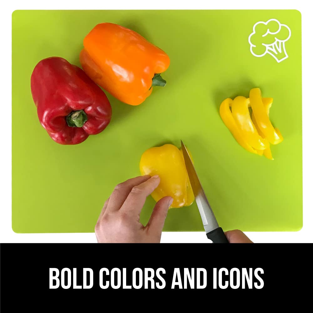 GORILLA GRIP 100% BPA-Free Flexible Cutting Board Set of 4, Durable Plastic Mats with Food Icons for Meal Prepping, Large Kitchen Chopping Mat, Use for Meat Fish Vegetables Fruit, 15x12, Multicolor