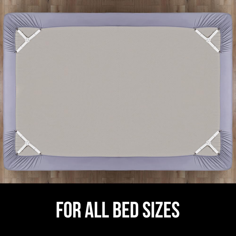 GORILLA GRIP Patent Pending Bed Sheet Holders, Adjustable Elastic Fasteners with Metal Clips, Keep in Place Fitted Bedding Straps, Firm Tight Suspenders for Mattress, US Designed, 4 Pack White