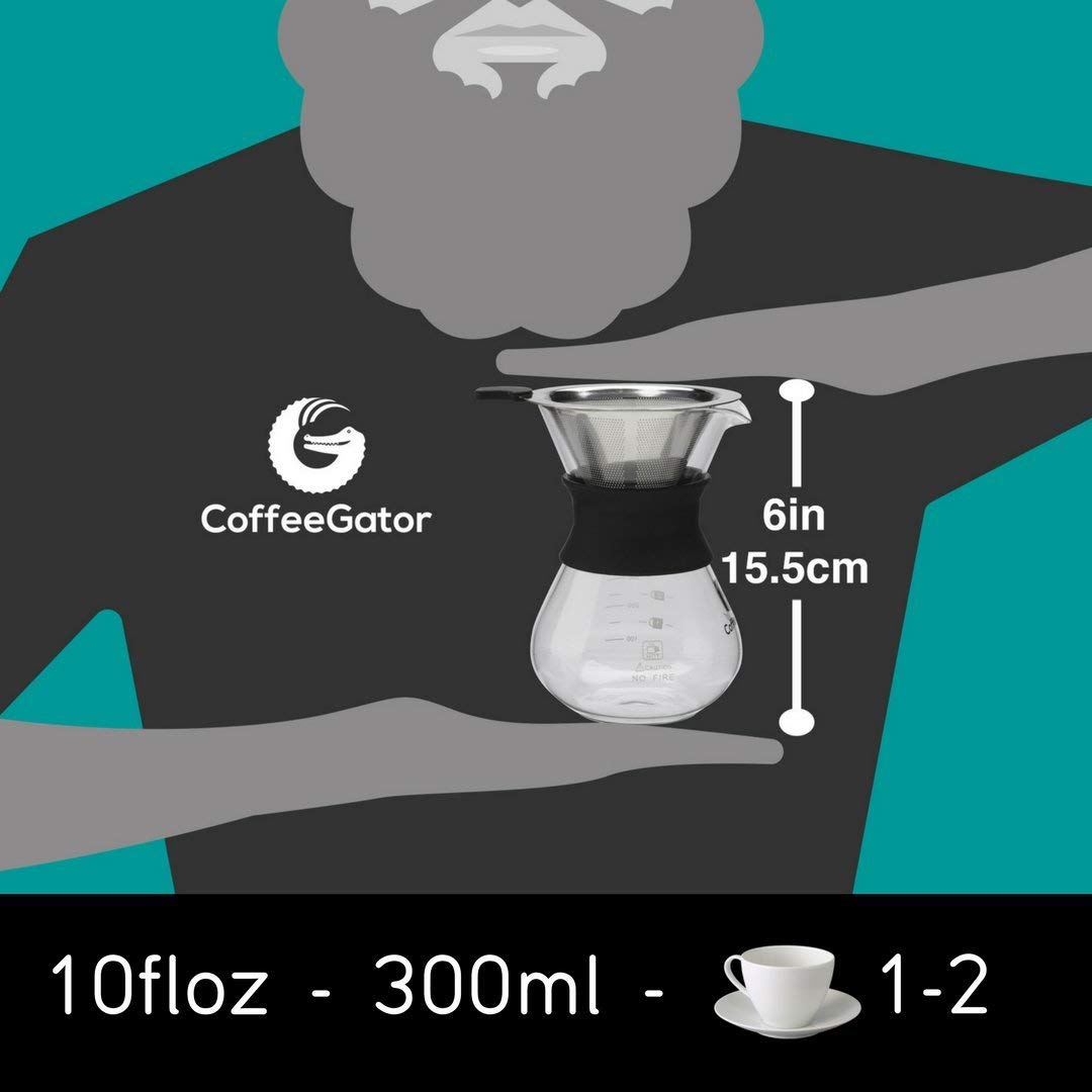 Coffee Gator Pour Over Coffee Maker - 27oz High Heat Borosilicate Glass with Reusable Stainless Steel Filter, Drip Coffee Brewer Dripper Set Carafe, 800ml Clear