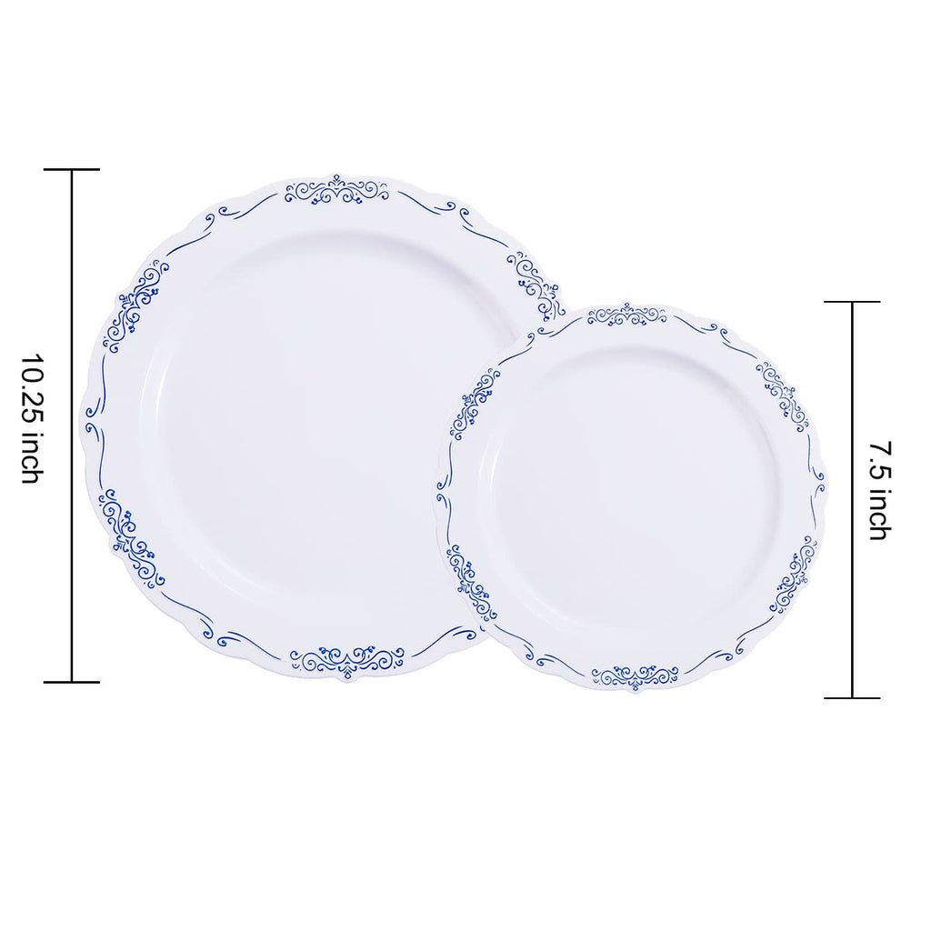 DaYammi 60PCS Blue and White Plastic Plates Blue Rim White Disposable Plates Blue White Party plates Include:30 Plastic Dinner Plate 30 Dessert plate and Wedding & Party Dining