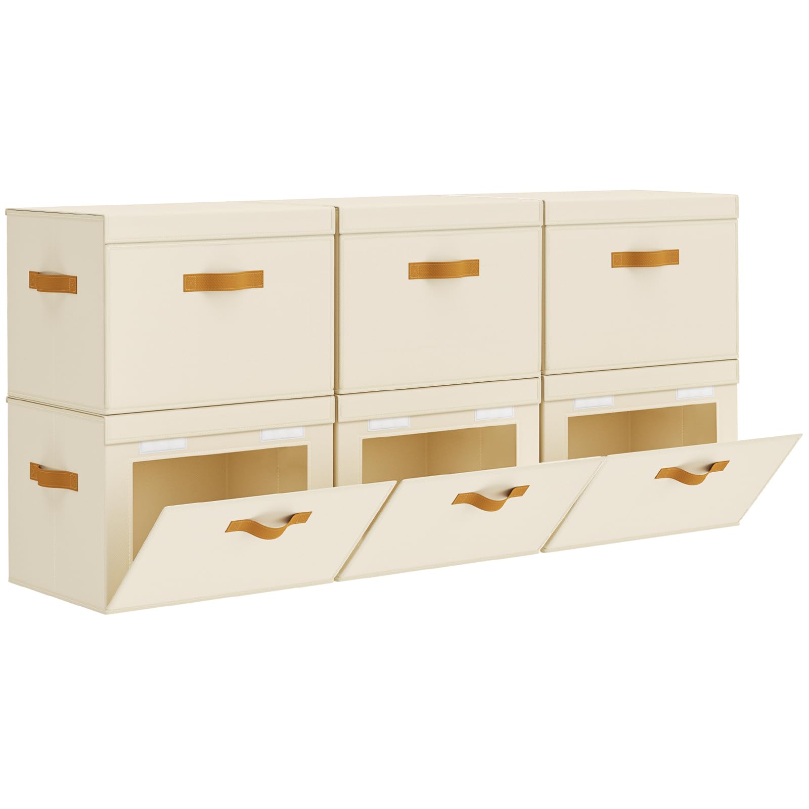 Homsorout Large Storage Bins with Lids - Front Opening Fabric Storage Bins, Flap Closet Organizer with Handles, Collapsible Boxes with Lid, Decorative Basket for Home, Dorm, 2 Pack, Beige
