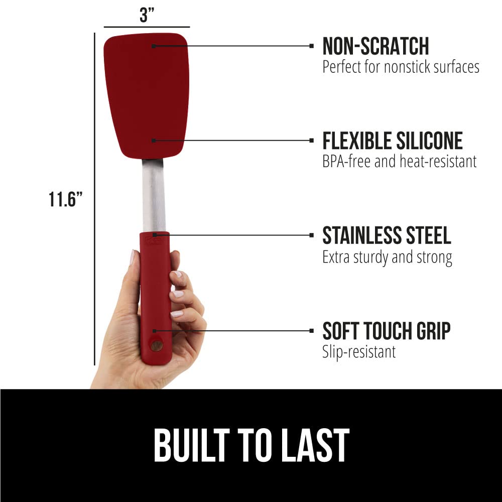 GORILLA GRIP Food Grade Flexible Silicone Spatula, Heat Resistant Head for Nonstick Frying Pan, Patented Soft Rubber Handle for Comfort, Non-Scratch Kitchen Turner, Flip Eggs Burgers, 11.6 in, Black
