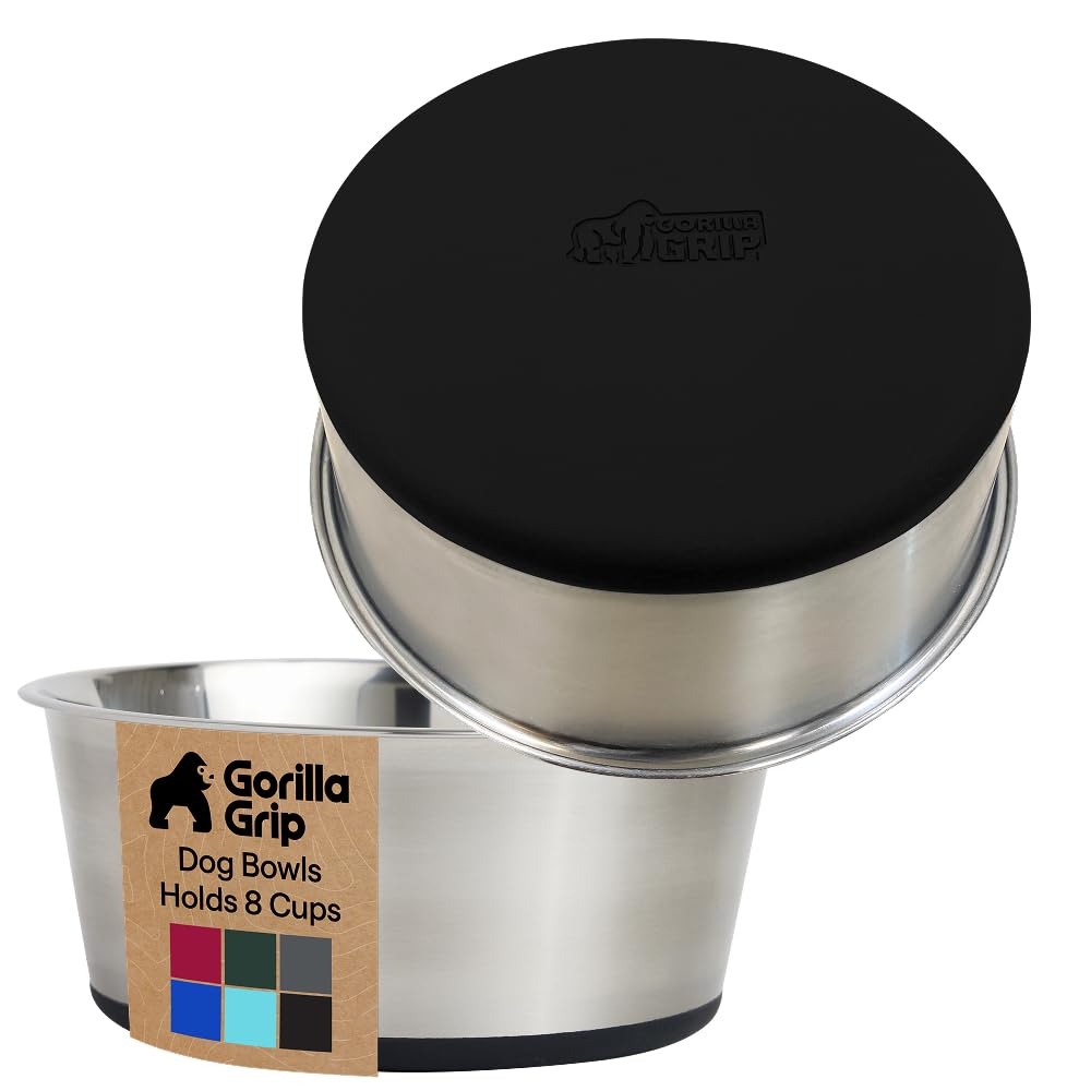 GORILLA GRIP Dog Bowls, Heavy Duty 304 Stainless Steel, Holds 2 Cups Each (16 fl oz) Food and Water Bowl for Feeding Dogs and Cats, Dishwasher Safe, Rust Resistant, BPA Free Rubber Base Set of 2 Black