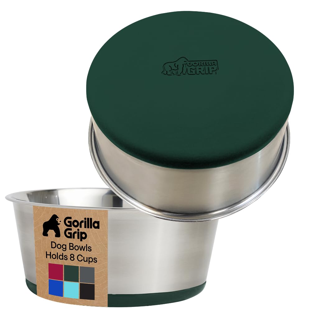 GORILLA GRIP Dog Bowls, Heavy Duty 304 Stainless Steel, Holds 2 Cups Each (16 fl oz) Food and Water Bowl for Feeding Dogs and Cats, Dishwasher Safe, Rust Resistant, BPA Free Rubber Base Set of 2 Black