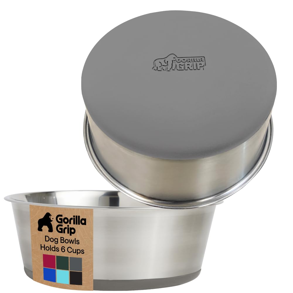 GORILLA GRIP Dog Bowls, Heavy Duty 304 Stainless Steel, Holds 2 Cups Each (16 fl oz) Food and Water Bowl for Feeding Dogs and Cats, Dishwasher Safe, Rust Resistant, BPA Free Rubber Base Set of 2 Black