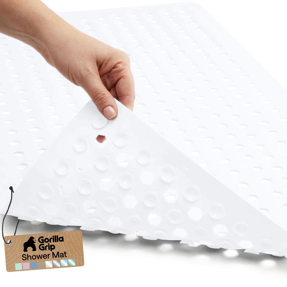 GORILLA GRIP Patented Bath Tub Shower Mat, Machine Washable Bathtub Floor Liner Mats, Suction Cups and Drain Holes to Keep Tubs Clean, Soft on Feet, Bathroom Essentials, 35x16 Inch, Clear