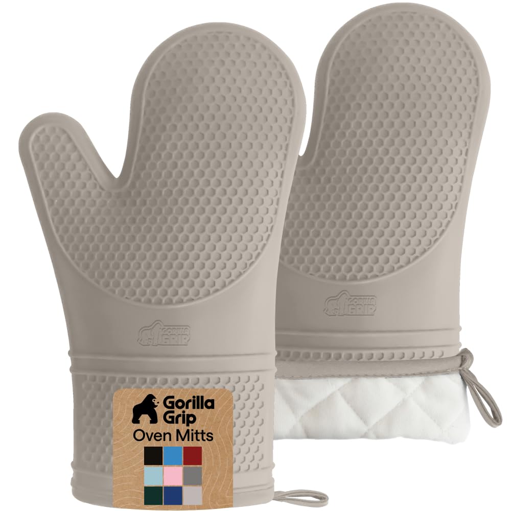 GORILLA GRIP BPA-Free Soft Silicone Oven Mitts, Heat Resistant and Waterproof Cooking Safety Gloves, Thick Cotton Lining, Flexible Gripping, Kitchen Potholders Set, for Grilling, BBQ, 12.5x8.3, Black