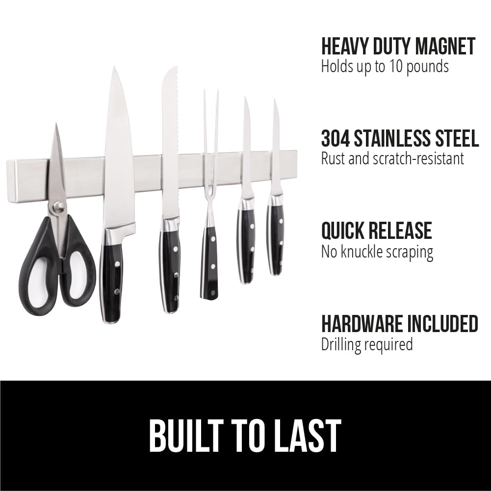 GORILLA GRIP 304 Stainless Steel Magnetic Knife Holder for Wall, Magnet Bar for Knives, Tools, Heavy Duty Metal Strip Holds Up to 6 lbs, Kitchen Home Organizer, 10 in, Non-Adhesive, Drilling Required