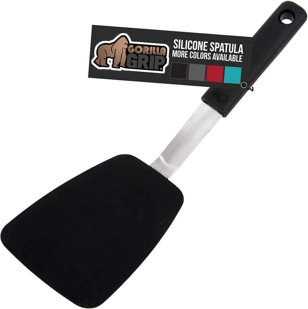 GORILLA GRIP Food Grade Flexible Silicone Spatula, Heat Resistant Head for Nonstick Frying Pan, Patented Soft Rubber Handle for Comfort, Non-Scratch Kitchen Turner, Flip Eggs Burgers, 11.6 in, Black
