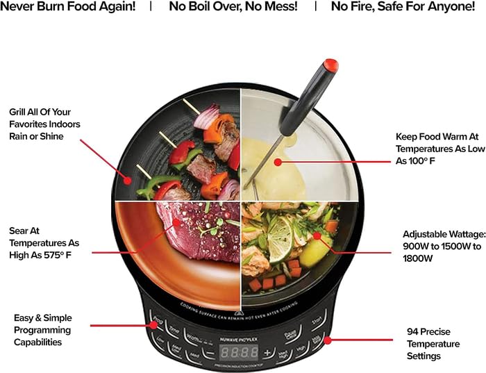 Nuwave Flex Precision Induction Cooktop, 10.25” Shatter-Proof Ceramic Glass, 6.5” Heating Coil, 45 Temps from 100°F to 500°F, 3 Wattage Settings 600, 900 & 1300 Watts, Black