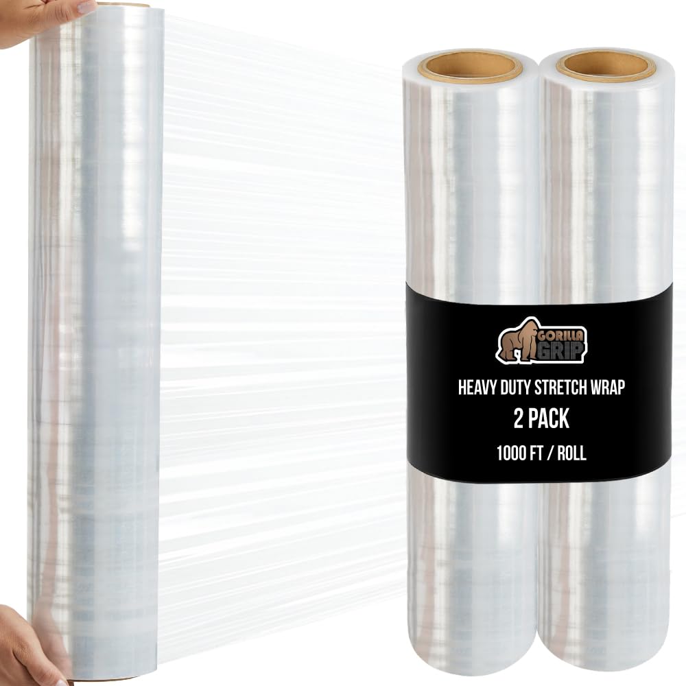 GORILLA GRIP 500% Stretch Film Heavy Duty Plastic, 1000ft Shrink Wrap Roll 17" Puncture Resistant, Industrial Strength for Shipping, Pallet Storing, Moving, Packing Furniture Protection 1 Pack Clear