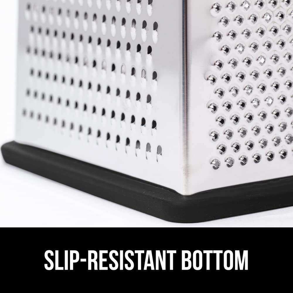 GORILLA GRIP 4-Sided Stainless Steel Cheese Grater With Container, 100% BPA-Free Box Grater, Slip Resistant Base and Handle, Grate Parmesan, Hard Cheeses, Shred Vegetables, Dishwasher Safe, Black