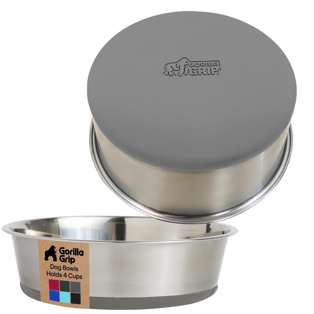 GORILLA GRIP Dog Bowls, Heavy Duty 304 Stainless Steel, Holds 2 Cups Each (16 fl oz) Food and Water Bowl for Feeding Dogs and Cats, Dishwasher Safe, Rust Resistant, BPA Free Rubber Base Set of 2 Black