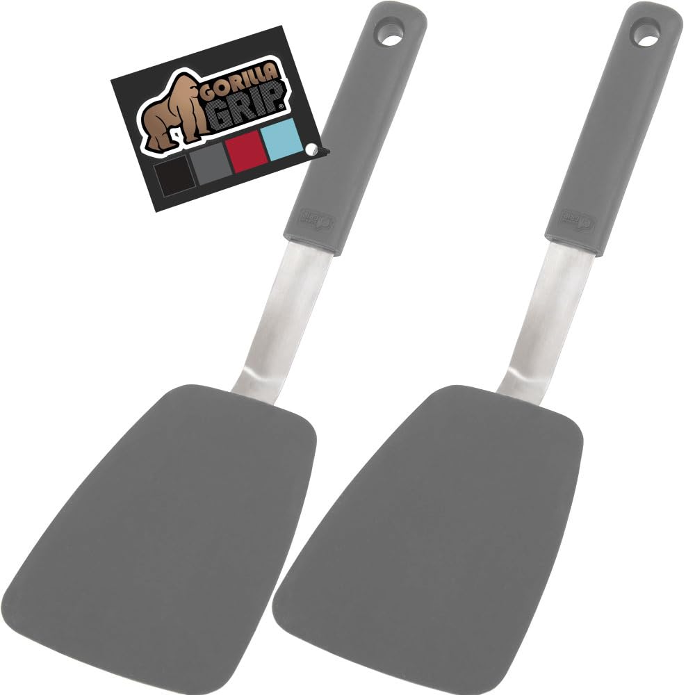 GORILLA GRIP Food Grade Flexible Silicone Spatula, Heat Resistant Head for Nonstick Frying Pan, Patented Soft Rubber Handle for Comfort, Non-Scratch Kitchen Turner, Flip Eggs Burgers, 11.6 in, Black