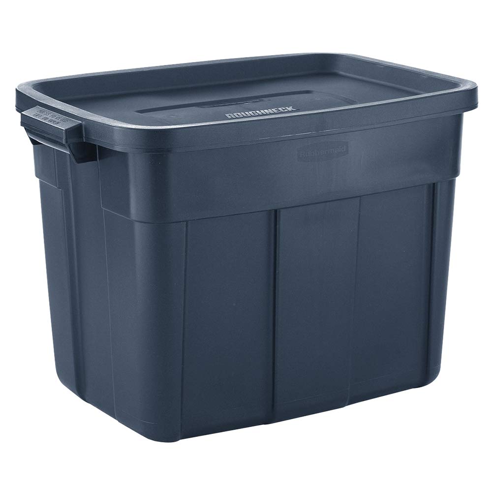 Rubbermaid Roughneck Tote 14 Gal, 6 Pack, Made in USA, Dark Indigo Metallic, Rugged Plastic Stackable Storage Bins with Lids and Handles