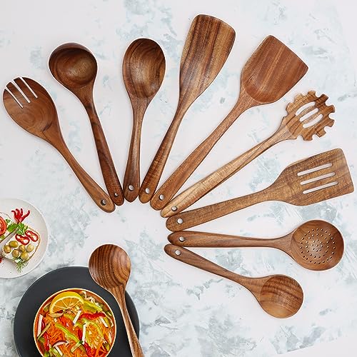Zulay Kitchen 6 Piece Wooden Spoons for Cooking – Natural Teak Wooden Utensil Set, Easy to Clean, Durable, Smooth with Comfort Grip - Non Toxic Wooden Cooking Utensil Sets