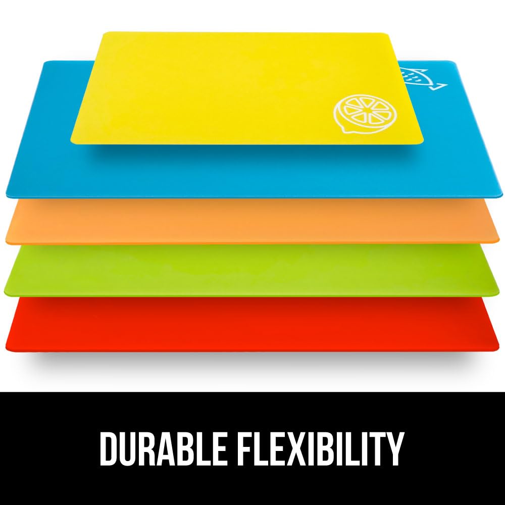 GORILLA GRIP 100% BPA-Free Flexible Cutting Board Set of 4, Durable Plastic Mats with Food Icons for Meal Prepping, Large Kitchen Chopping Mat, Use for Meat Fish Vegetables Fruit, 15x12, Multicolor