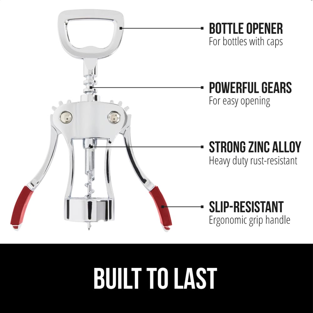 GORILLA GRIP BPA-Free Premium Wine Opener, Easy to Use Smooth Zinc Alloy Wing Corkscrew, Multifunctional Bottle Openers Remove Corks, Caps, Sharp Cork Screw, Dishwasher Safe, Bar Essentials, Black