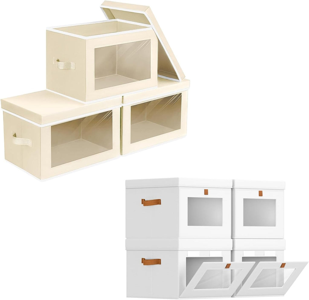 Homsorout Collapsible Storage Bins with Lids - Beige & White, Stackable Storage Containers with Window, Fabric Organizing Bins for Closet, Home & Office Organization Baskets