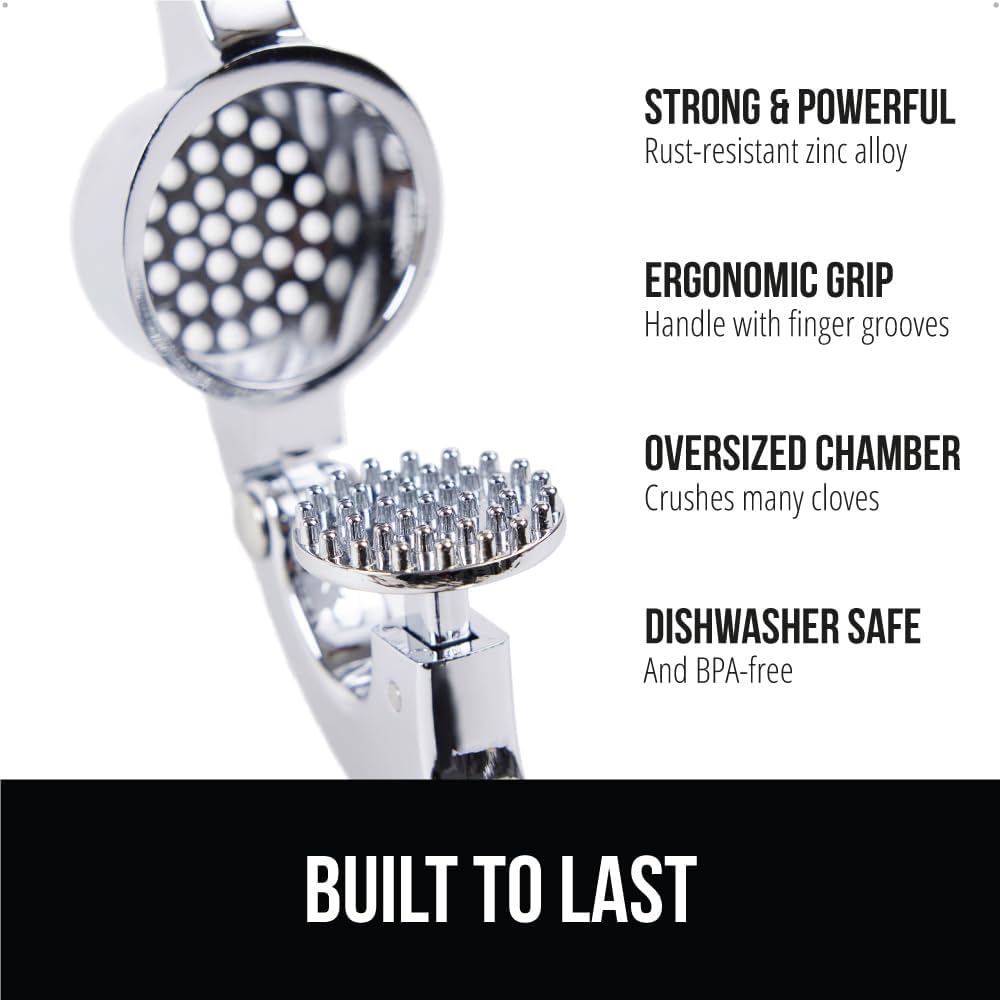 GORILLA GRIP Garlic Press and Peel Set, Heavy Duty Mincer Tool, Large Ergonomic Handle, Easily Mince and Crush Garlics, Ginger, Nuts, Seeds, Peeler Included, Peeling Cloves, Kitchen Gadgets, Black