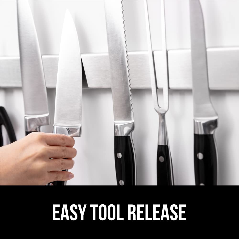 GORILLA GRIP 304 Stainless Steel Magnetic Knife Holder for Wall, Magnet Bar for Knives, Tools, Heavy Duty Metal Strip Holds Up to 6 lbs, Kitchen Home Organizer, 10 in, Non-Adhesive, Drilling Required