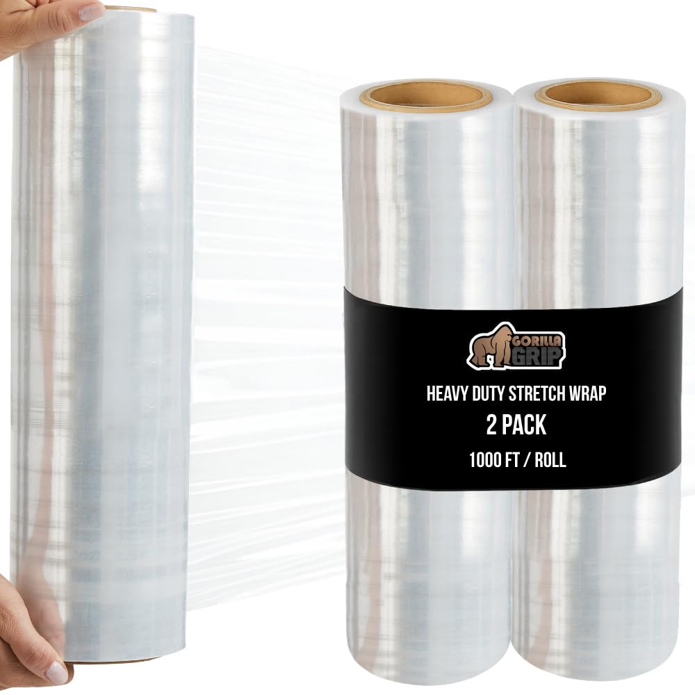 GORILLA GRIP 500% Stretch Film Heavy Duty Plastic, 1000ft Shrink Wrap Roll 17" Puncture Resistant, Industrial Strength for Shipping, Pallet Storing, Moving, Packing Furniture Protection 1 Pack Clear