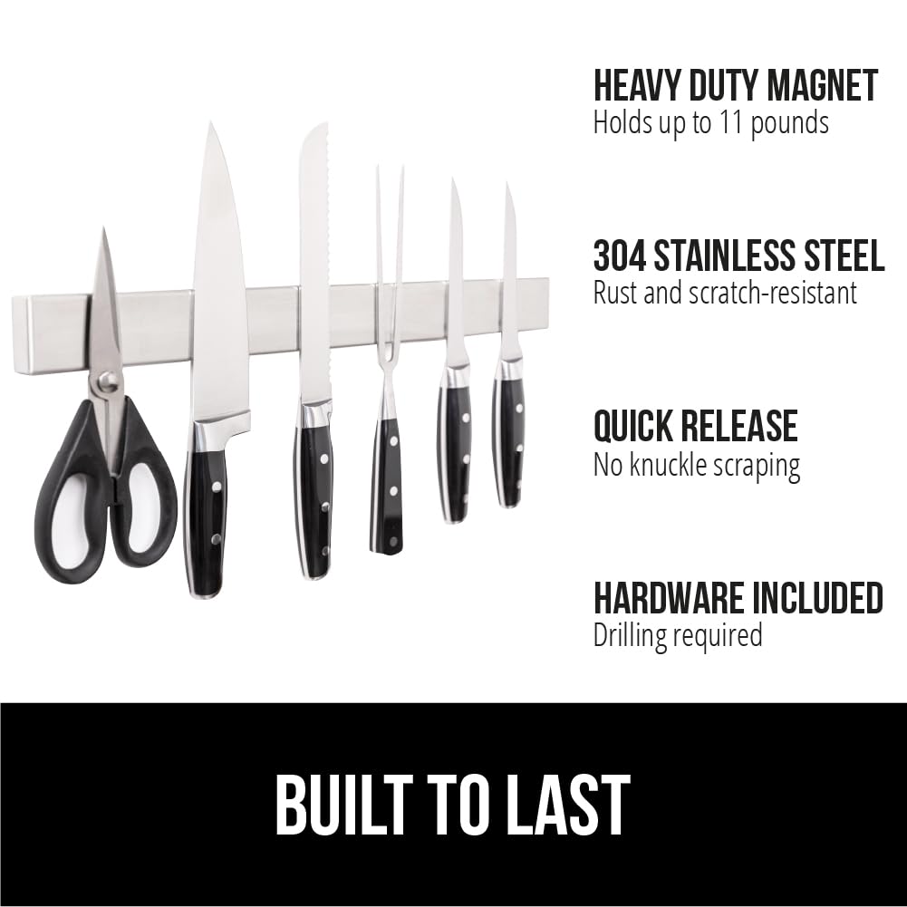 GORILLA GRIP 304 Stainless Steel Magnetic Knife Holder for Wall, Magnet Bar for Knives, Tools, Heavy Duty Metal Strip Holds Up to 6 lbs, Kitchen Home Organizer, 10 in, Non-Adhesive, Drilling Required