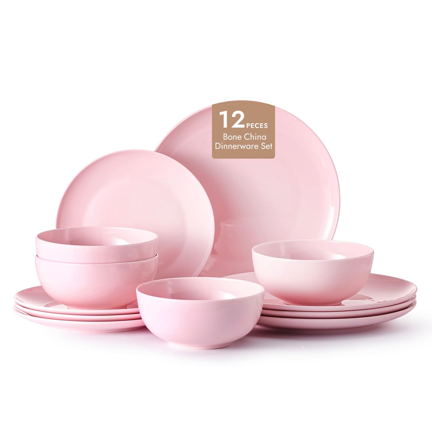 KINGSTONE 12-Piece Bone China Dinnerware Set for 4, Lightweight and Durable, Microwave and Dishwasher Safe, White Plates and Bowls for Everyday Use