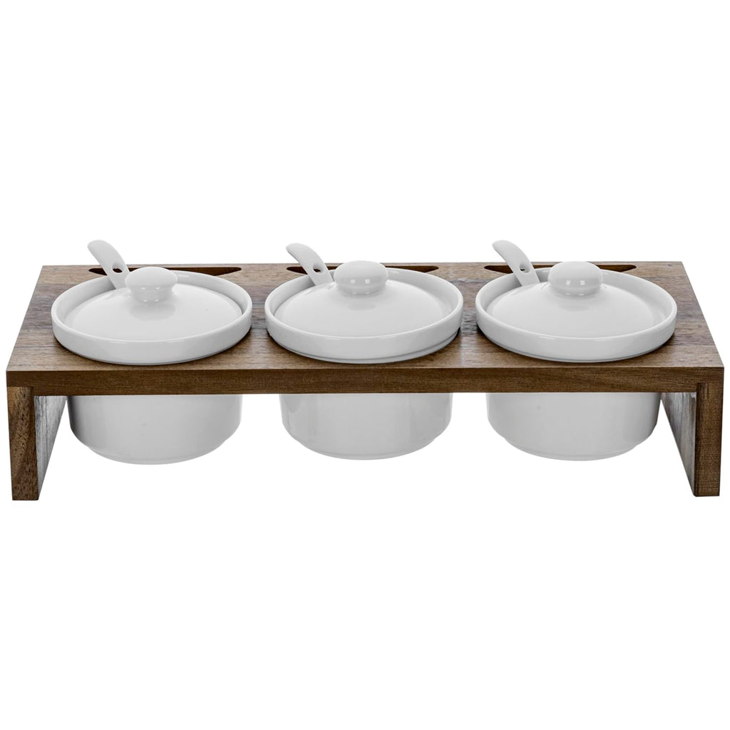 MyGift 10 Pcs Sauce Serving Dish, Hosting Party Essentials Host Gift, 3 Ceramic Ramekin Chip Dip Bowls with Lids & Spoons, Premium Bamboo Server Tray, Condiment Pot Entertaining