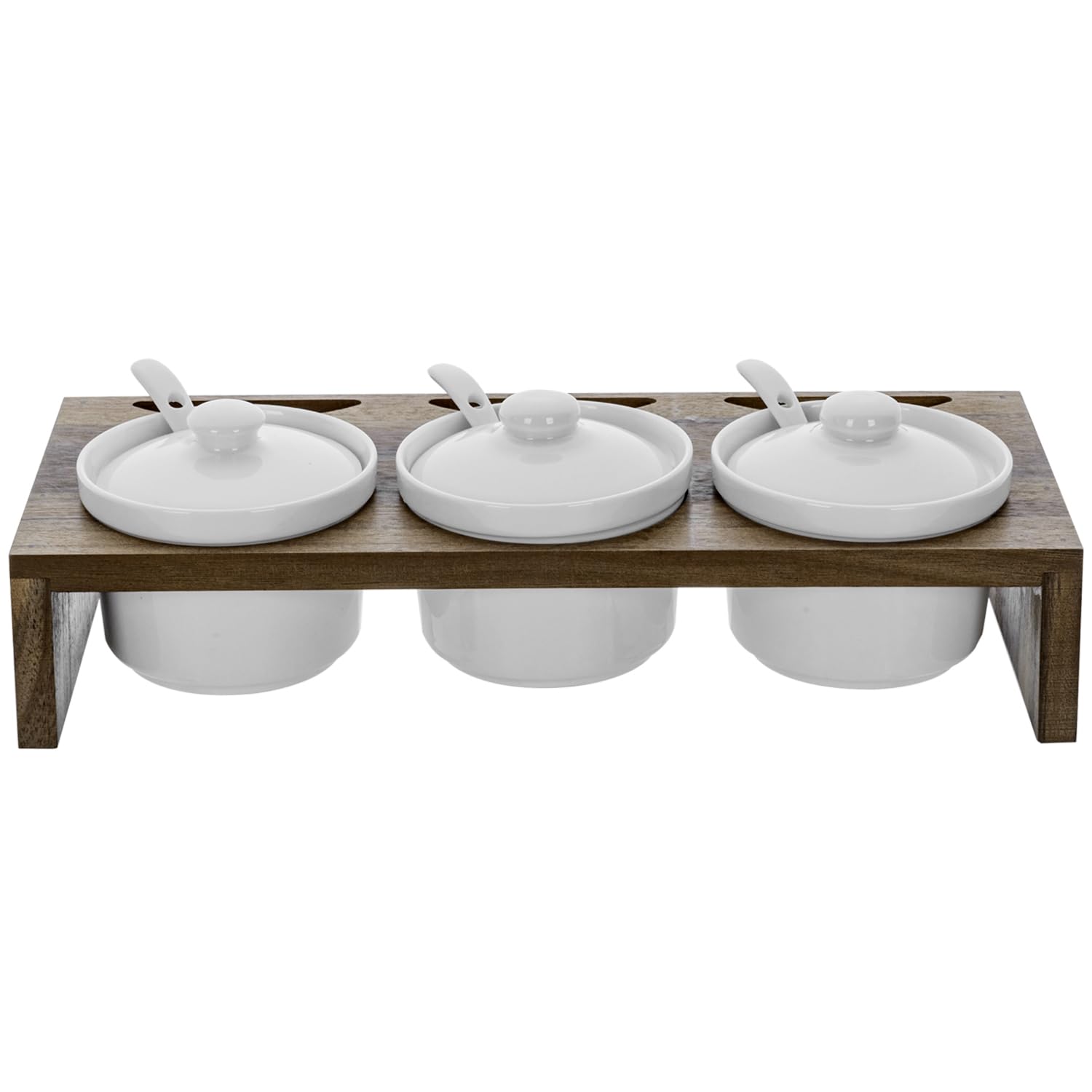 MyGift 10 Pcs Sauce Serving Dish, Hosting Party Essentials Host Gift, 3 Ceramic Ramekin Chip Dip Bowls with Lids & Spoons, Premium Bamboo Server Tray, Condiment Pot Entertaining