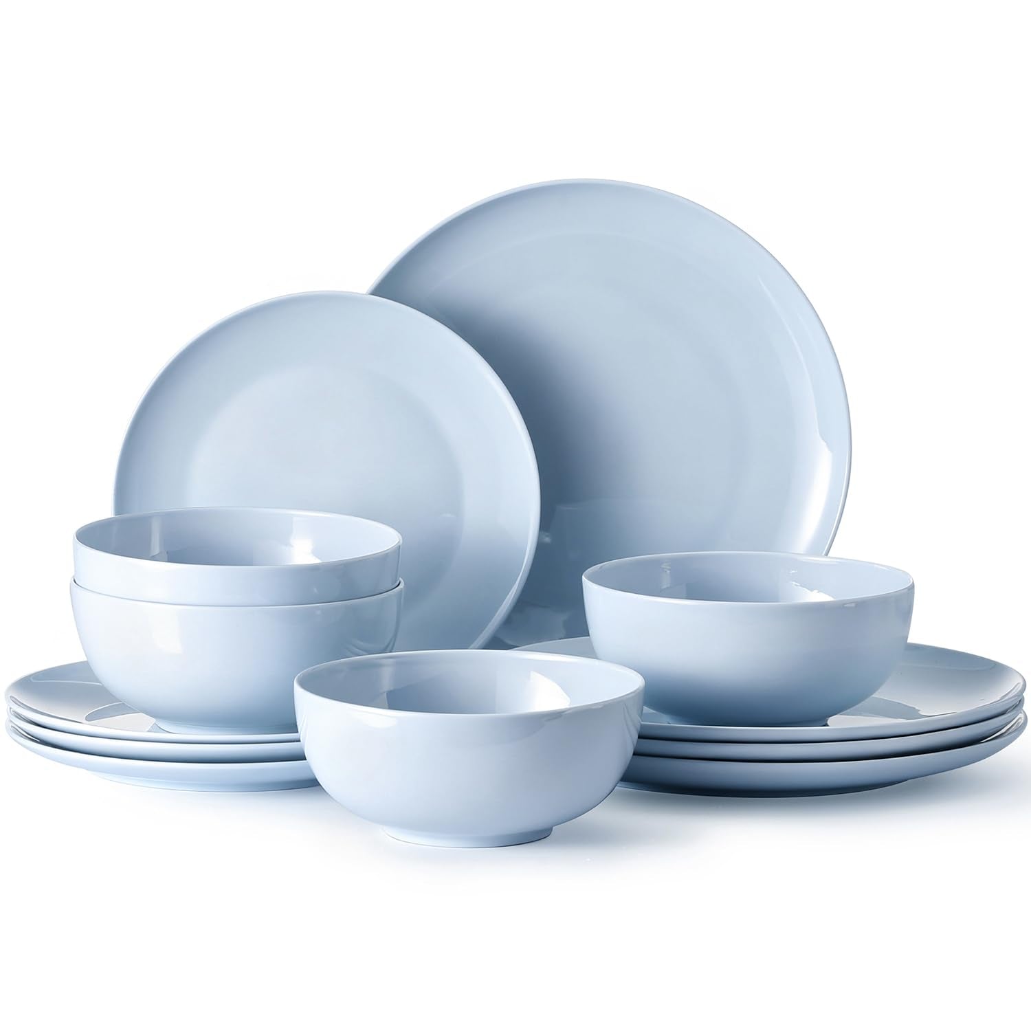 KINGSTONE 12-Piece Bone China Dinnerware Set for 4, Lightweight and Durable, Microwave and Dishwasher Safe, White Plates and Bowls for Everyday Use
