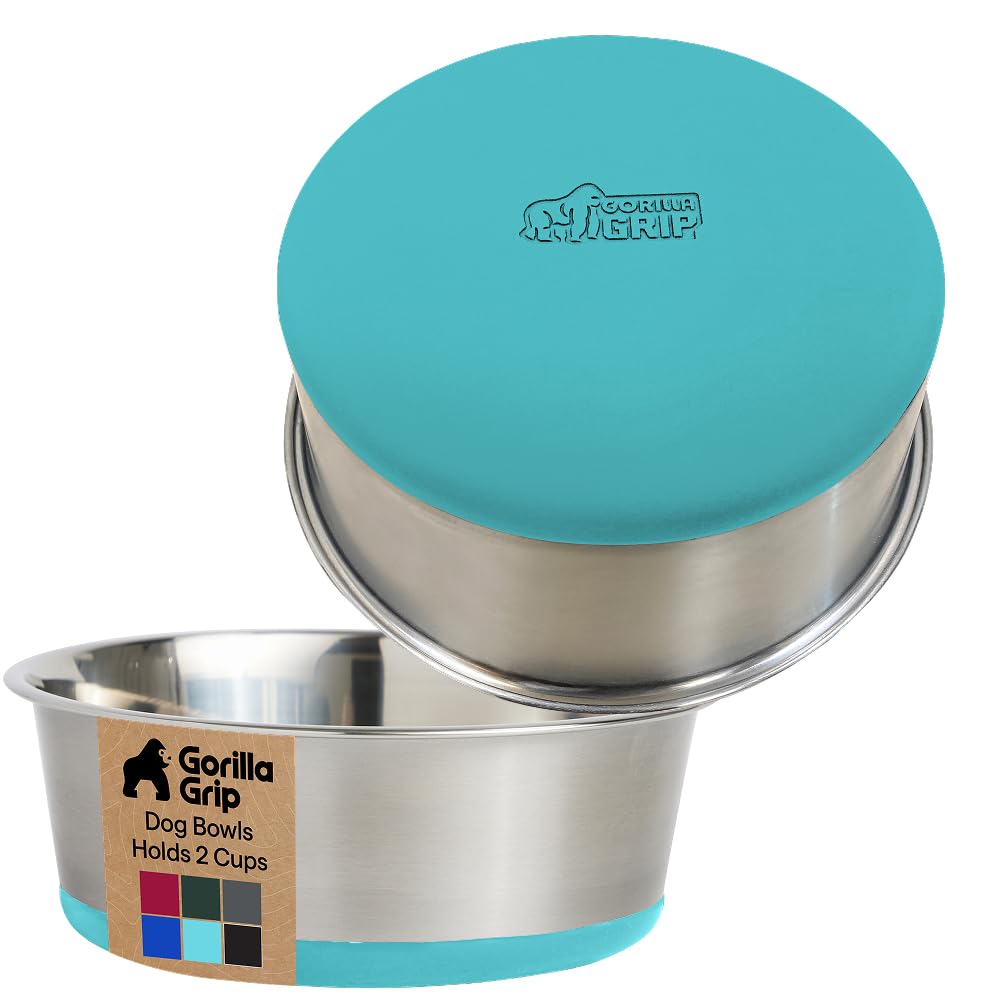 GORILLA GRIP Dog Bowls, Heavy Duty 304 Stainless Steel, Holds 2 Cups Each (16 fl oz) Food and Water Bowl for Feeding Dogs and Cats, Dishwasher Safe, Rust Resistant, BPA Free Rubber Base Set of 2 Black