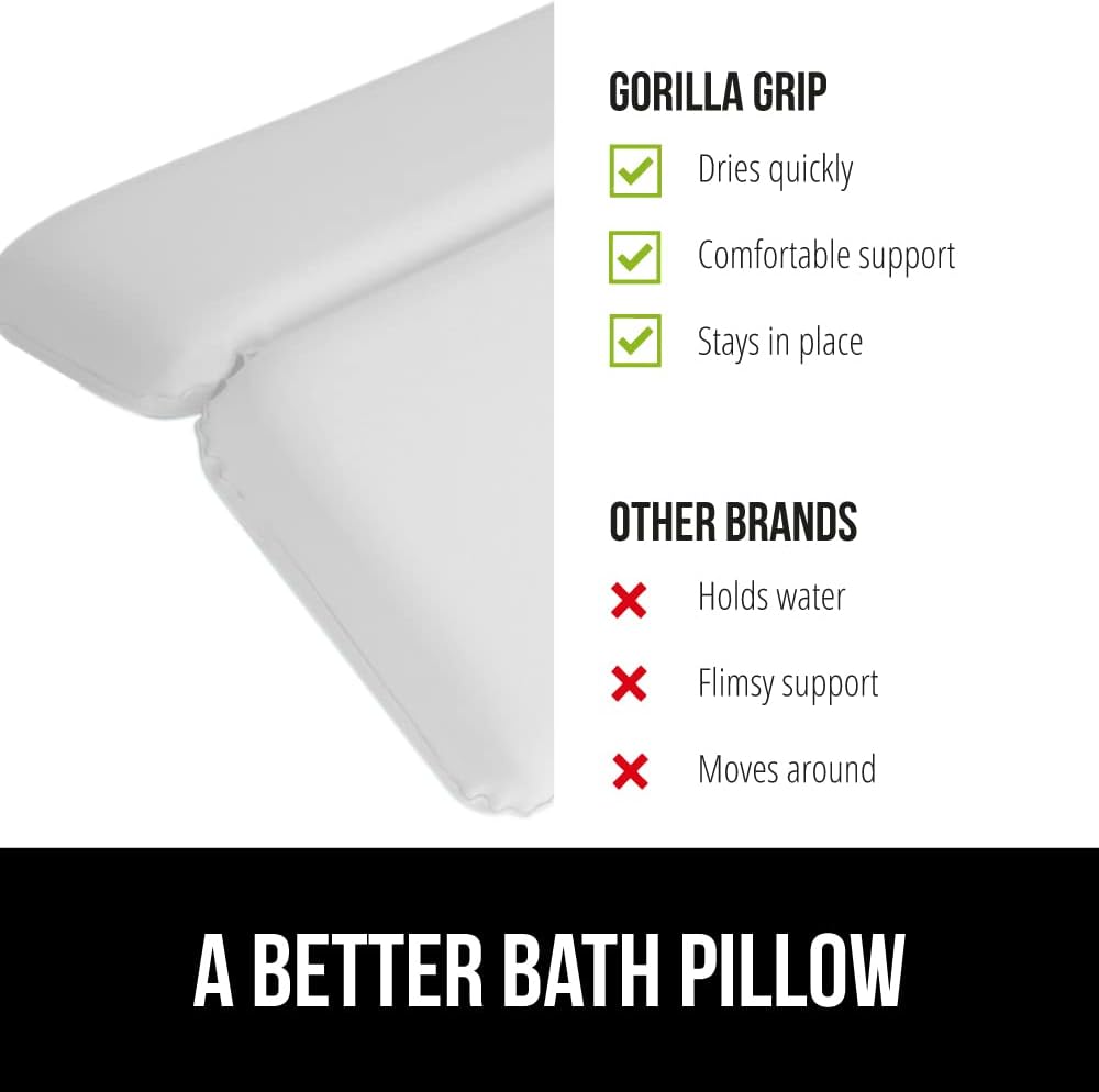 GORILLA GRIP Bath Pillow for Tub, Strong Suction Cups, Luxury Bathtub Pillows, Headrest Neck and Back Support, Relaxing Hot Tub and Home Spa Accessories, Bathroom Essentials, Gifts for Women, White