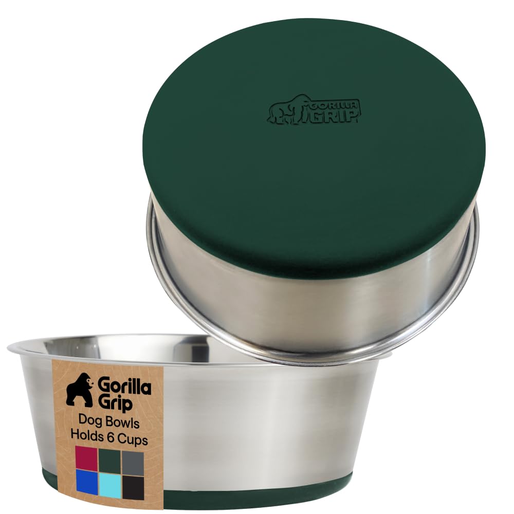 GORILLA GRIP Dog Bowls, Heavy Duty 304 Stainless Steel, Holds 2 Cups Each (16 fl oz) Food and Water Bowl for Feeding Dogs and Cats, Dishwasher Safe, Rust Resistant, BPA Free Rubber Base Set of 2 Black