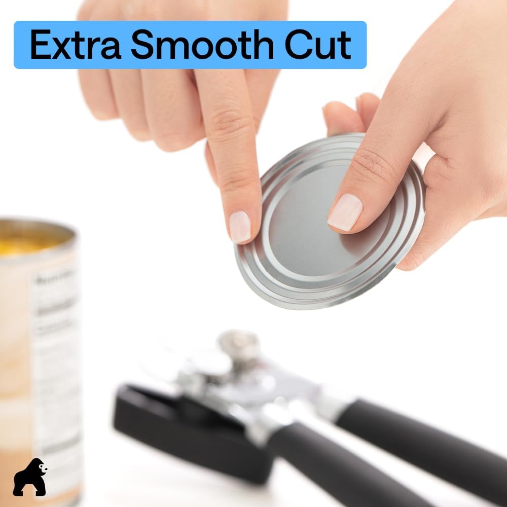GORILLA GRIP Heavy Duty Stainless Steel Smooth Edge Manual Can Opener and Bottle Openers, US Designed, Soft Comfortable Handle, Oversized Handheld Turn Knob, Multifunctional Kitchen Tool, Black